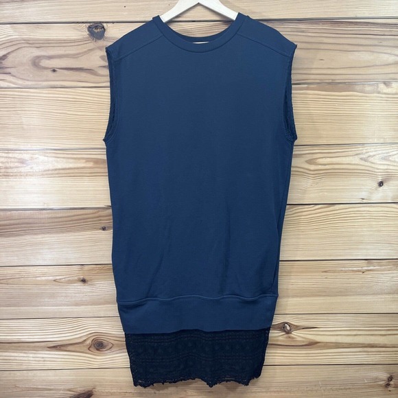 Public School NYC Dress Large Blue Sleeveless Sweatshirt Dress Lace Trim B86 - Picture 1 of 16